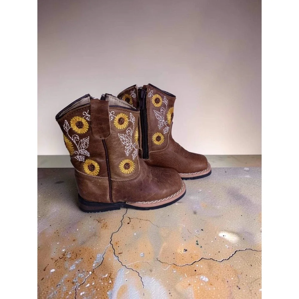 Kids Brown Sunflower Embroidered Western Cowboy Boots Square Toe Size 7 Toddler